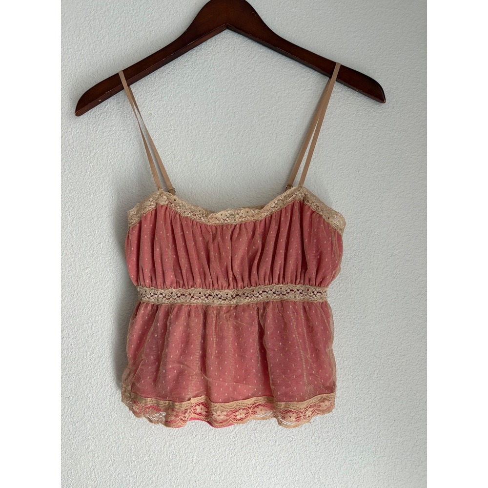 Cider Pink Polka Dot Mesh Lace Trim Babydoll Camisole Top XS